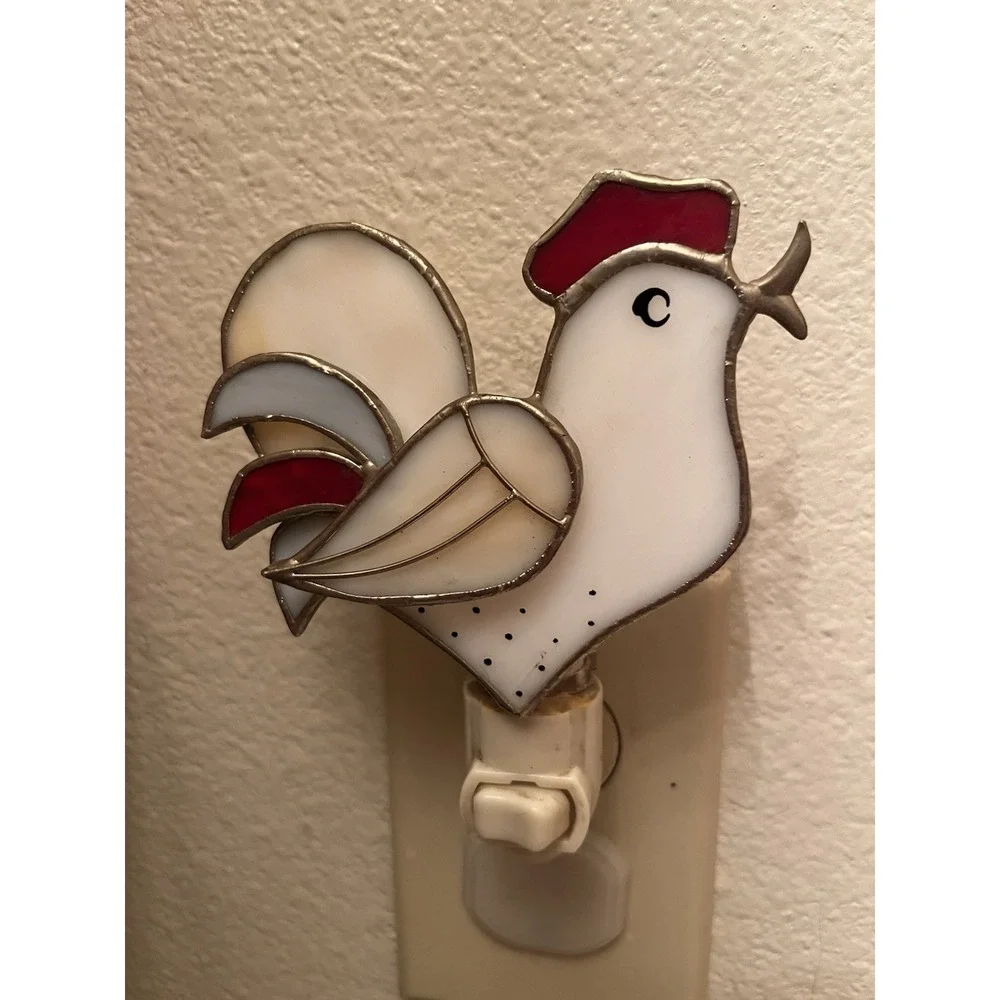 Vintage White Rooster Stained Glass Night Light Silver Tone Tiffany Style